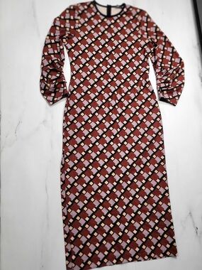 Zara Retro Geometric Print Ruched Sleeve Side Slit Midi Dress M